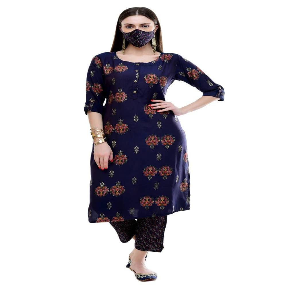 Lagi Women's Blue Printed Straight Kurta & Pant (MC38B) | Grocsy