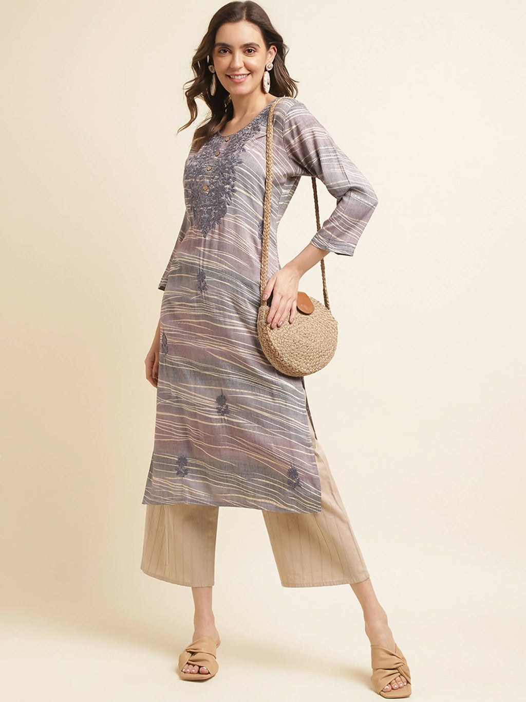 Grey Poly Rayon Stripe Printed Straight Fit Kurta - Prasuti | Grocsy