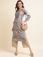 Grey Poly Rayon Stripe Printed Straight Fit Kurta - Prasuti | Grocsy