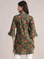 Aavyora Women's Ethnic Floral Printed Tunic - Green with Red & Gold Accents, Pin-Tucked Front, and Flared Hem | Grocsy