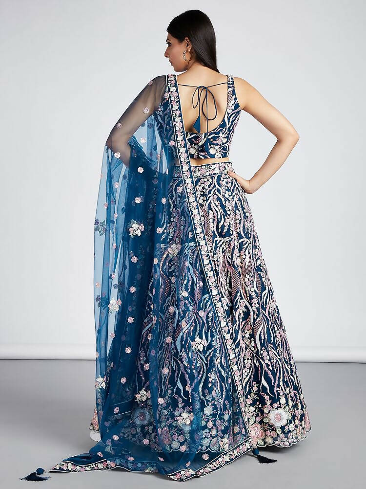 House of Panchhi Navy Blue Net Sequins And Thread Embroidery Lehenga Choli & Dupatta | Grocsy