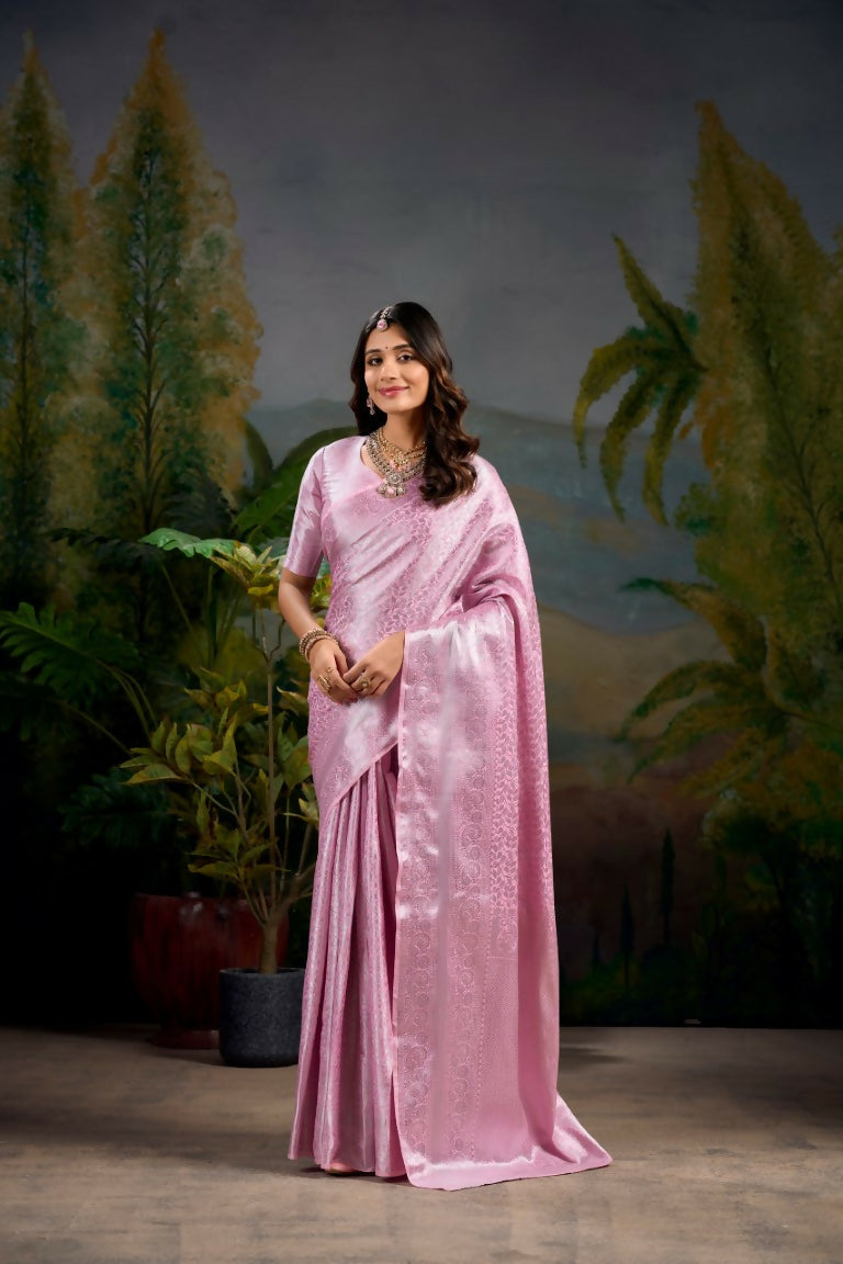 Vastranavya Baby Pink Kanjivaram Zari Weaving Work Saree with Unstitched Blouse | Grocsy