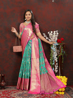 Lorenvalley Fashion Teal Cotton Woven Design Zari Meenakari Weaving Saree | Grocsy