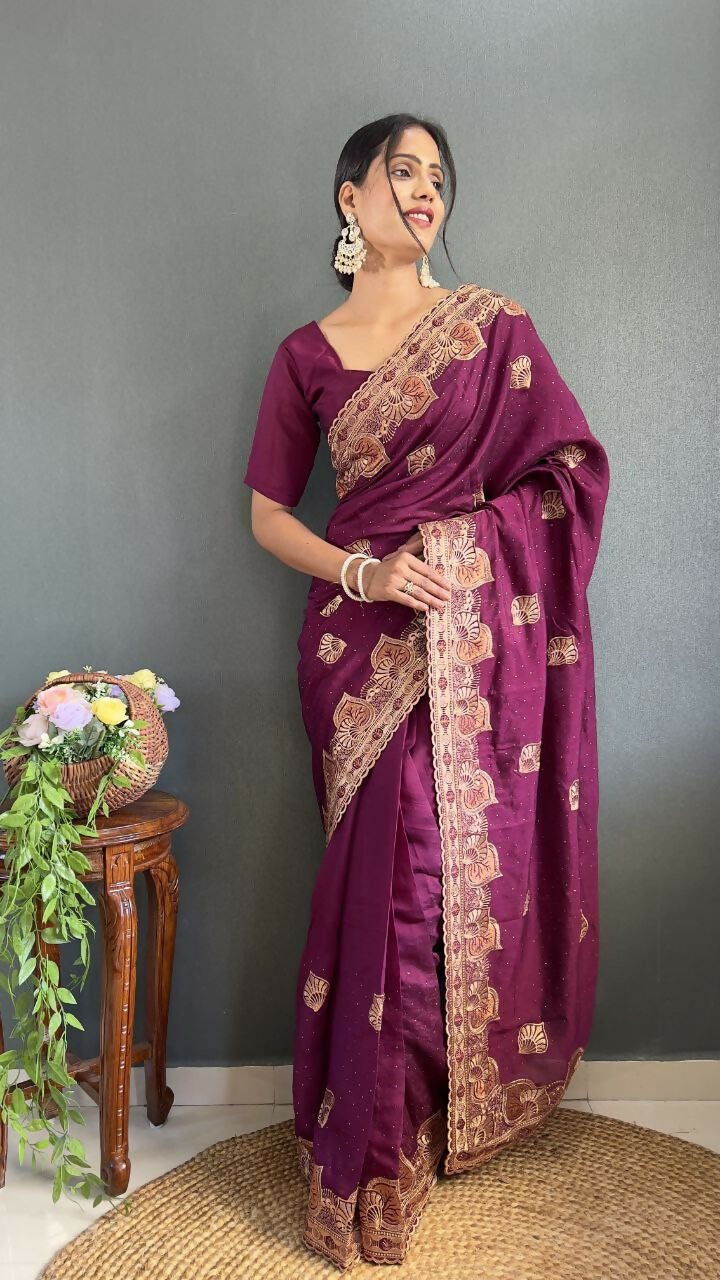 Vastranavya Purple Vichitra Silk Zari with Swarovski Work Ready to Wear Saree | Grocsy