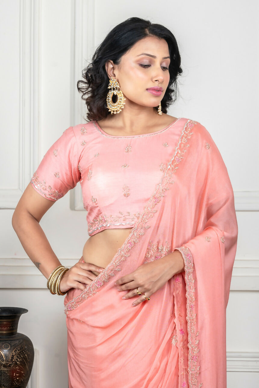 Morchari Peach Chiffon Hand Embroidery Saree And Stitched Blouse | Grocsy