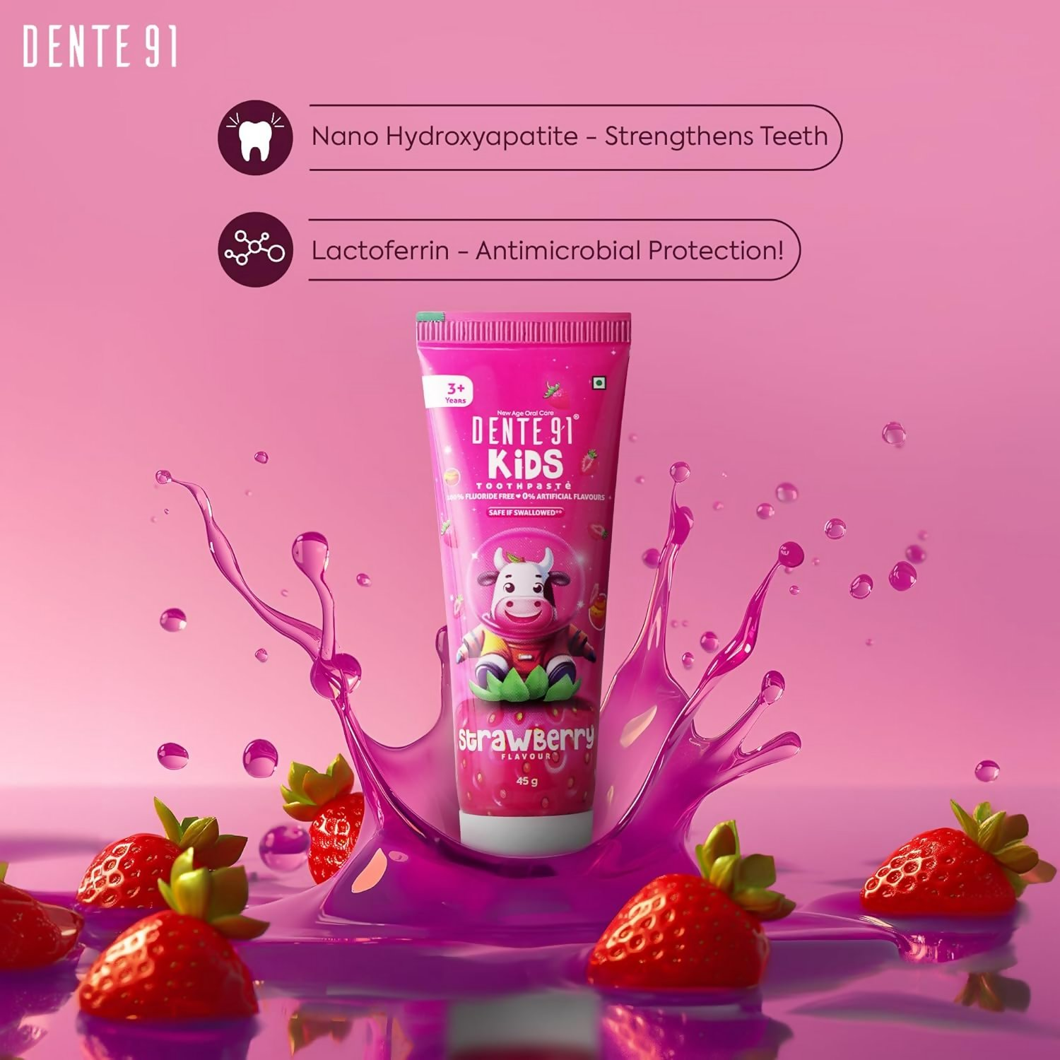 Dente91 Kids Toothpaste Protects Against Dental Caries & Hypersensitivity Fluoride Free Strawberry Flavour | Grocsy