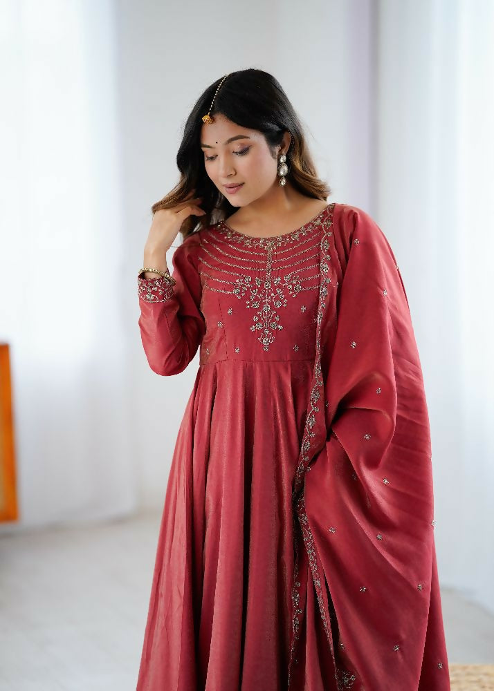 Joban Fashion Maroon Kurta Set Chanderi Sequence Embroidery Work | Grocsy