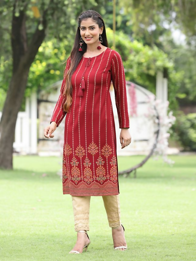 Juniper Maroon Ethnic Motif Printed Acrylic Straight Kurta. | Grocsy