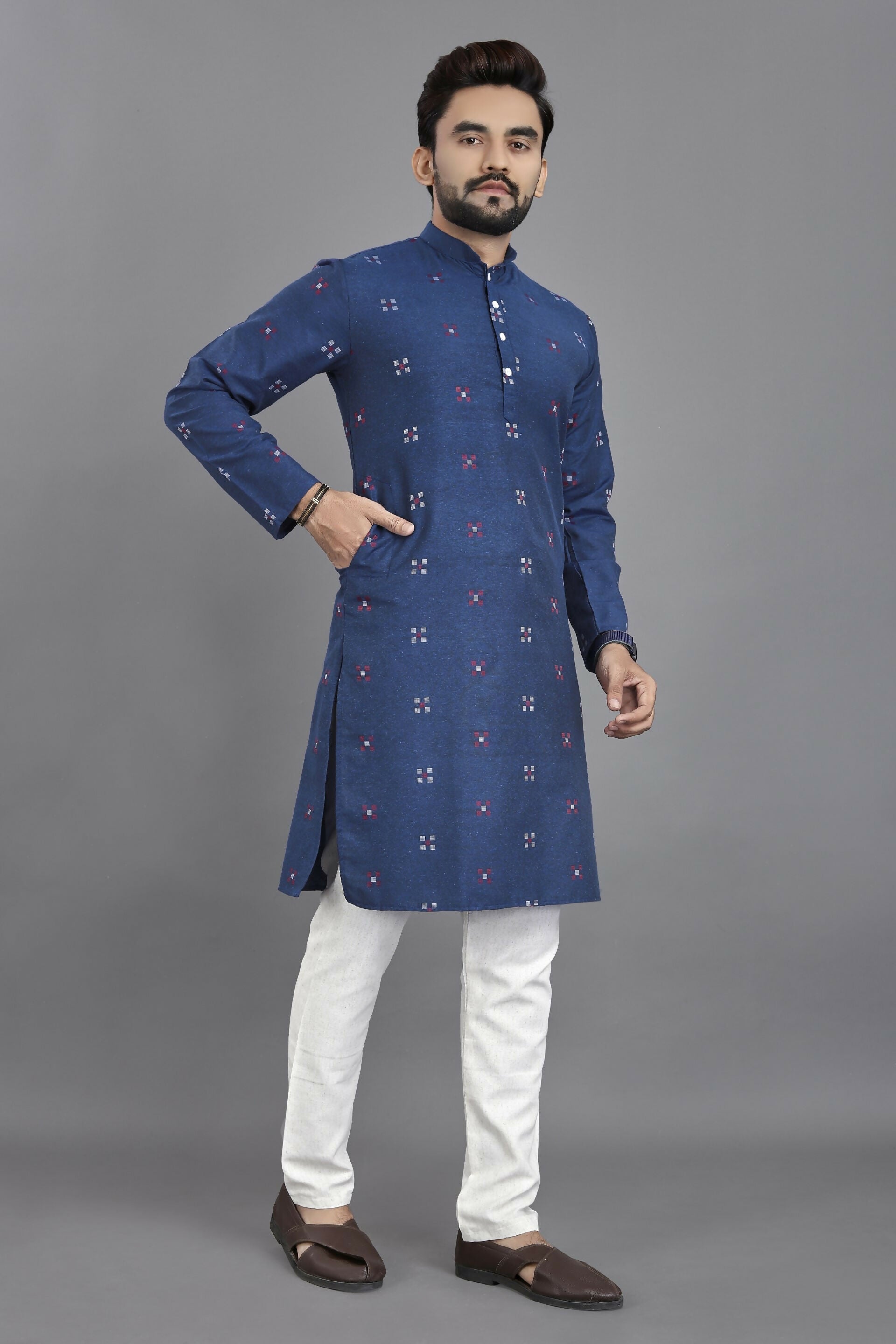 Anaita Teal Weaving Linen Cotton Straight Kurta | Grocsy