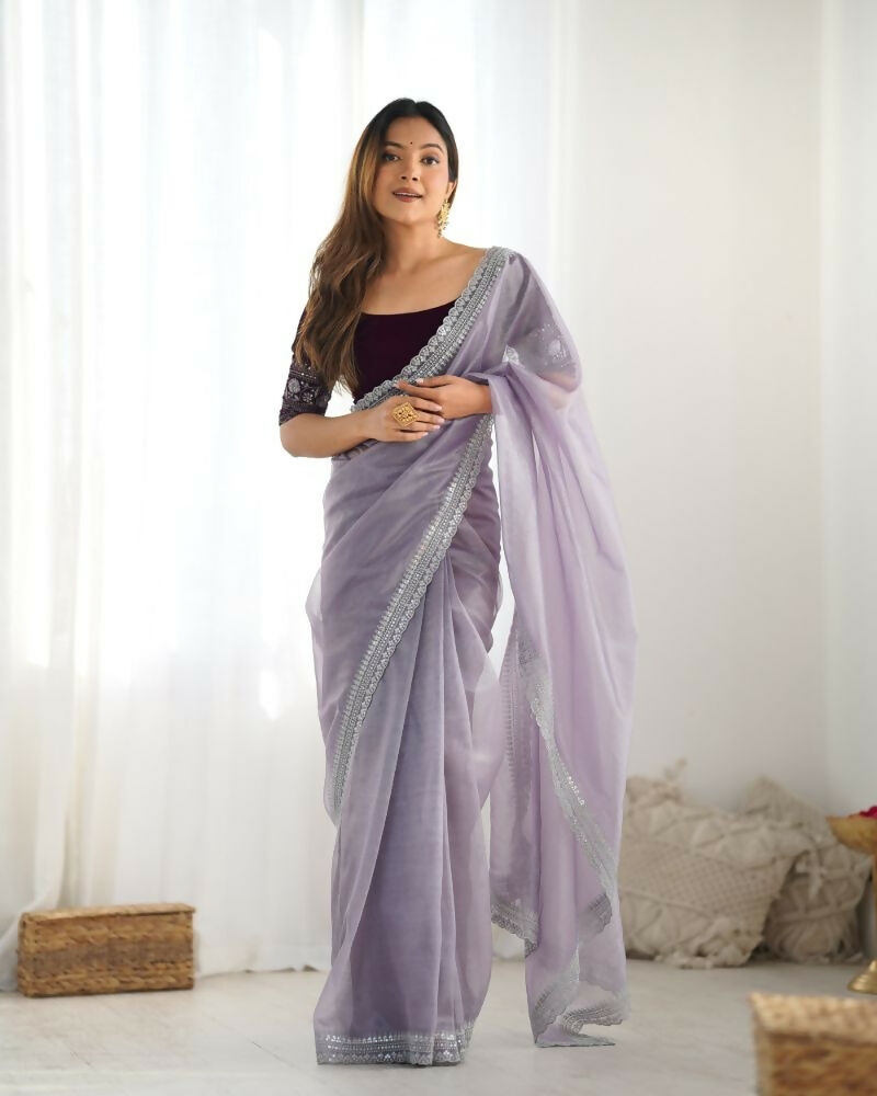 Attrctive Looking Gold Jari, Sequance Embroidery Work Twill Net Party Wear Saree - Lavender | Grocsy
