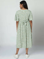 Manet Frill Slevees Maternity Dress Floral Print With Concealed Zipper Nursing Access - Green | Grocsy
