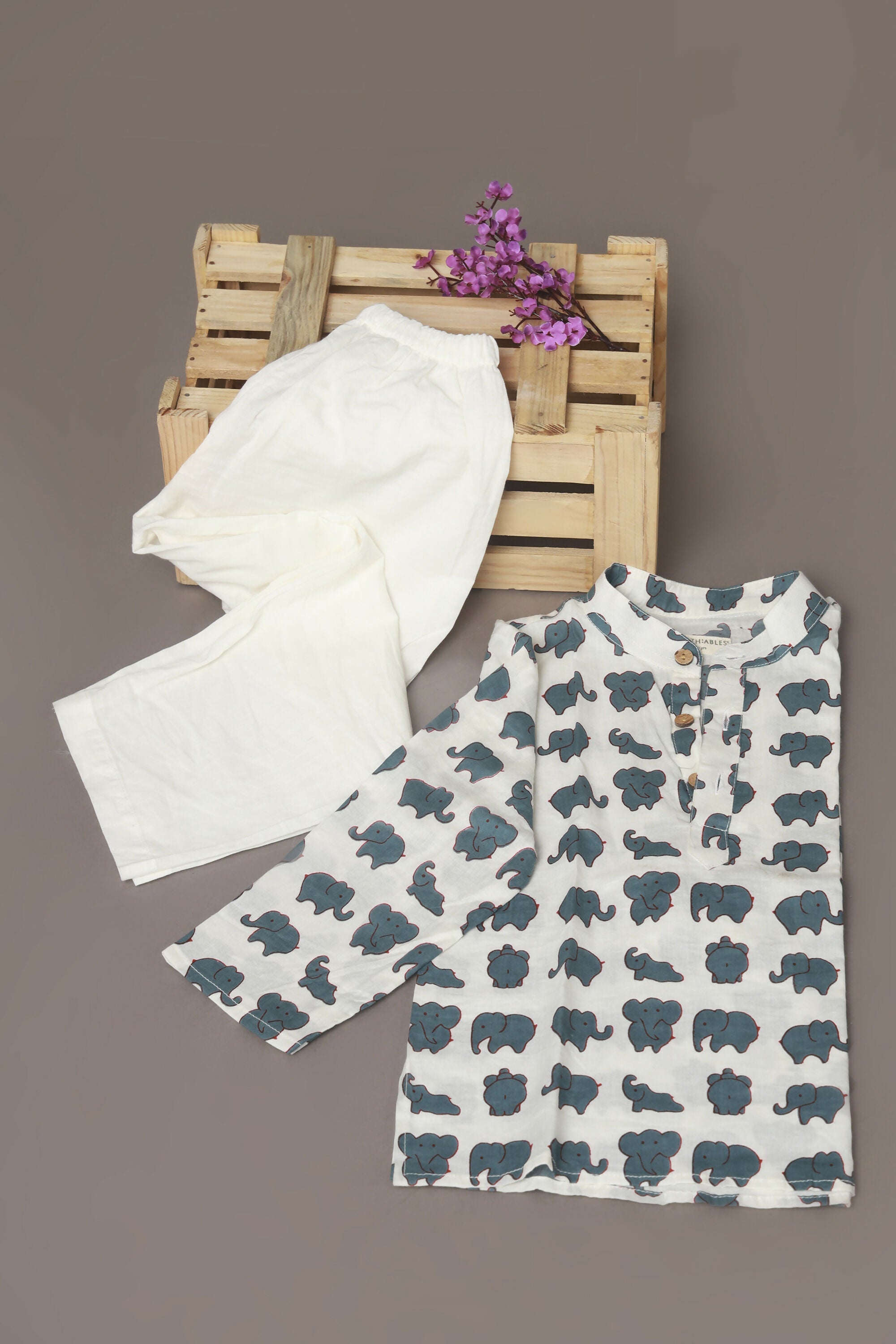 Breathables Kids Cotton Night Suit – White Elephant Print Kurta & Pyjama Co-Ord Set For Boys & Girls | Grocsy