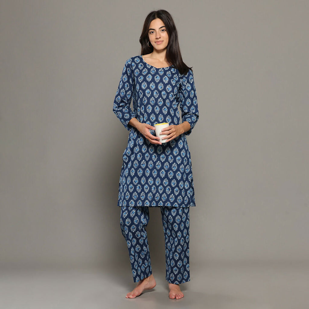 Breathables Blue Women Cotton Printed Loungewear Kurta And Pants Co-Ord Set I Night Wear | Butta Print | Grocsy