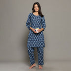 Breathables Blue Women Cotton Printed Loungewear Kurta And Pants Co-Ord Set I Night Wear | Butta Print | Grocsy