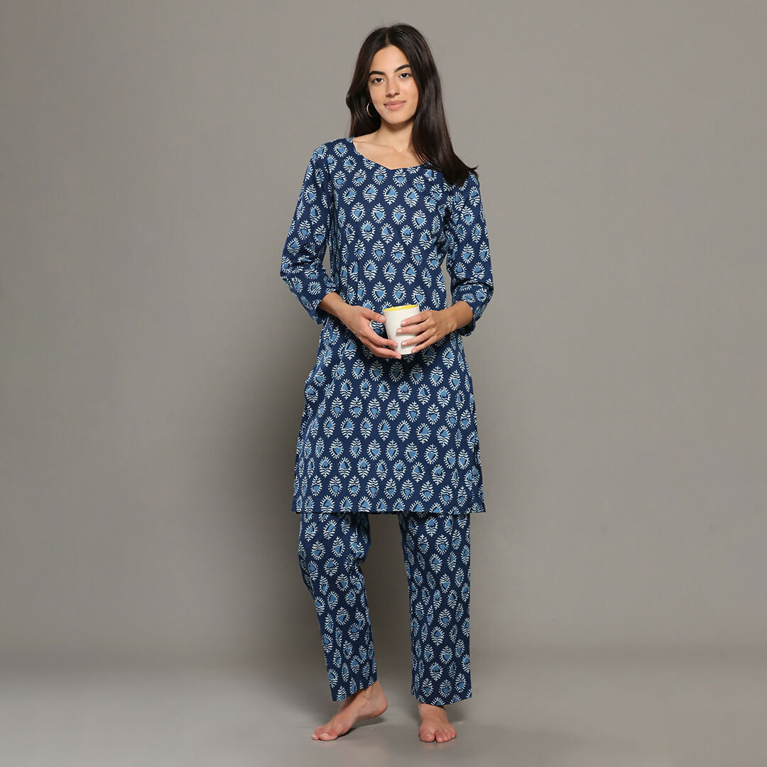Breathables Blue Women Cotton Printed Loungewear Kurta And Pants Co-Ord Set I Night Wear | Butta Print | Grocsy