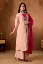 Lehenga Mart Designer Front-Slit Kurta, Paired With Wide-Leg Palazzo Pants And A Dupatta.-Peach | Grocsy