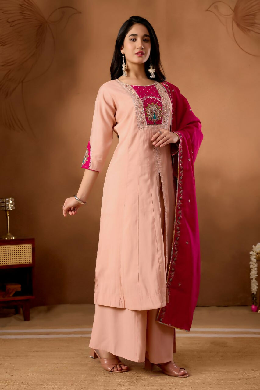Lehenga Mart Designer Front-Slit Kurta, Paired With Wide-Leg Palazzo Pants And A Dupatta.-Peach | Grocsy