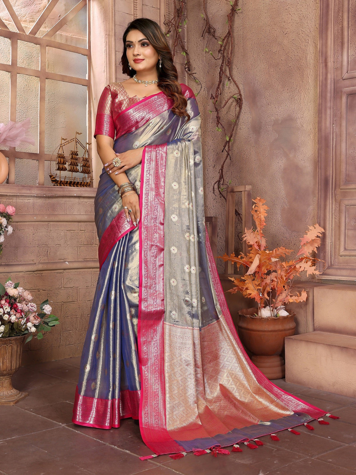 Vedant Vastram Tissue Silk Kanjeevaram Silk Saree - Blue | Grocsy