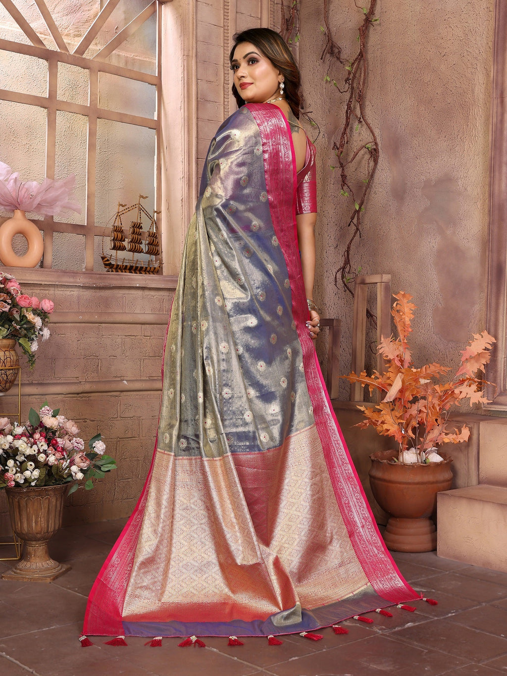 Vedant Vastram Tissue Silk Kanjeevaram Silk Saree - Blue | Grocsy
