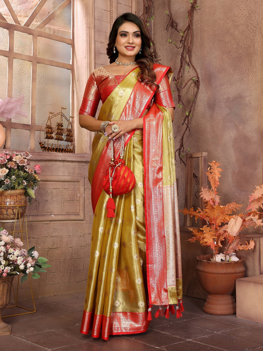 Vedant Vastram Tissue Silk Kanjeevaram Silk Saree - Olive | Grocsy