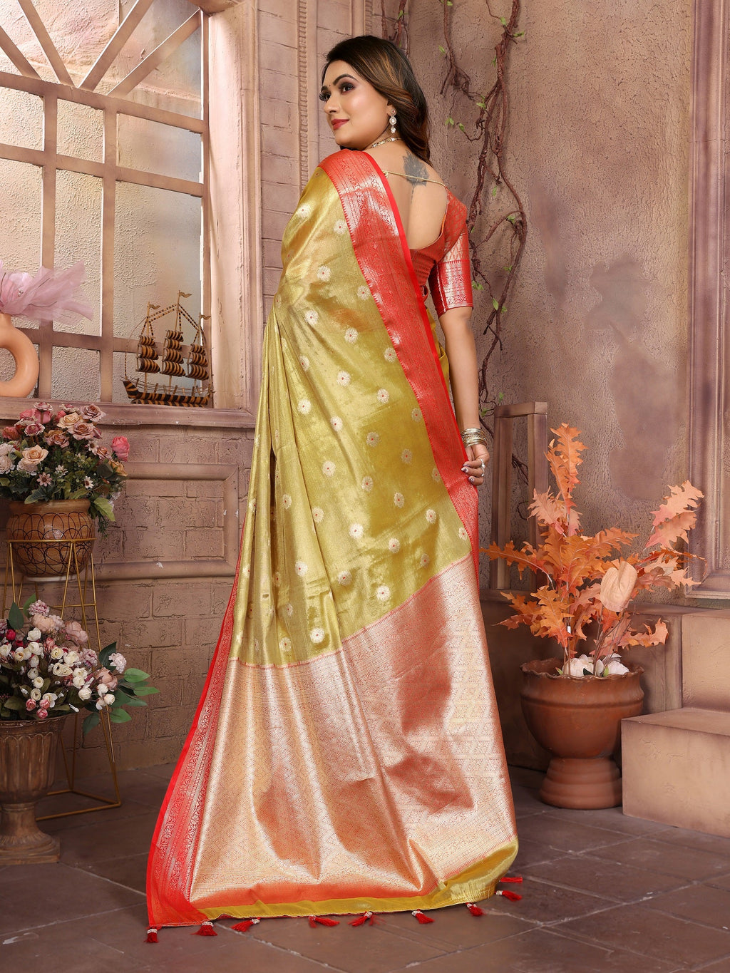 Vedant Vastram Tissue Silk Kanjeevaram Silk Saree - Olive | Grocsy