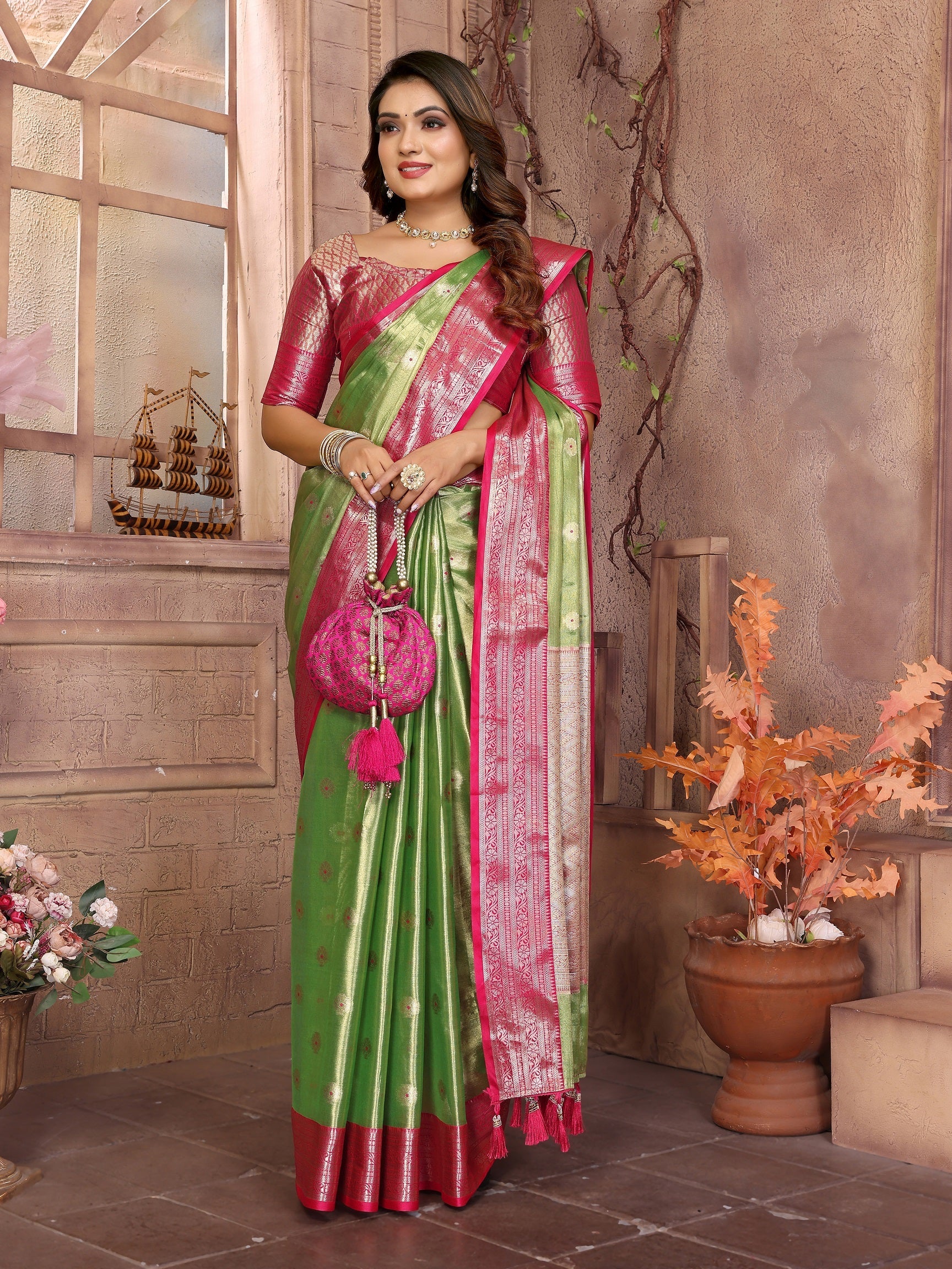 Vedant Vastram Tissue Silk Kanjeevaram Silk Saree - Parrot | Grocsy
