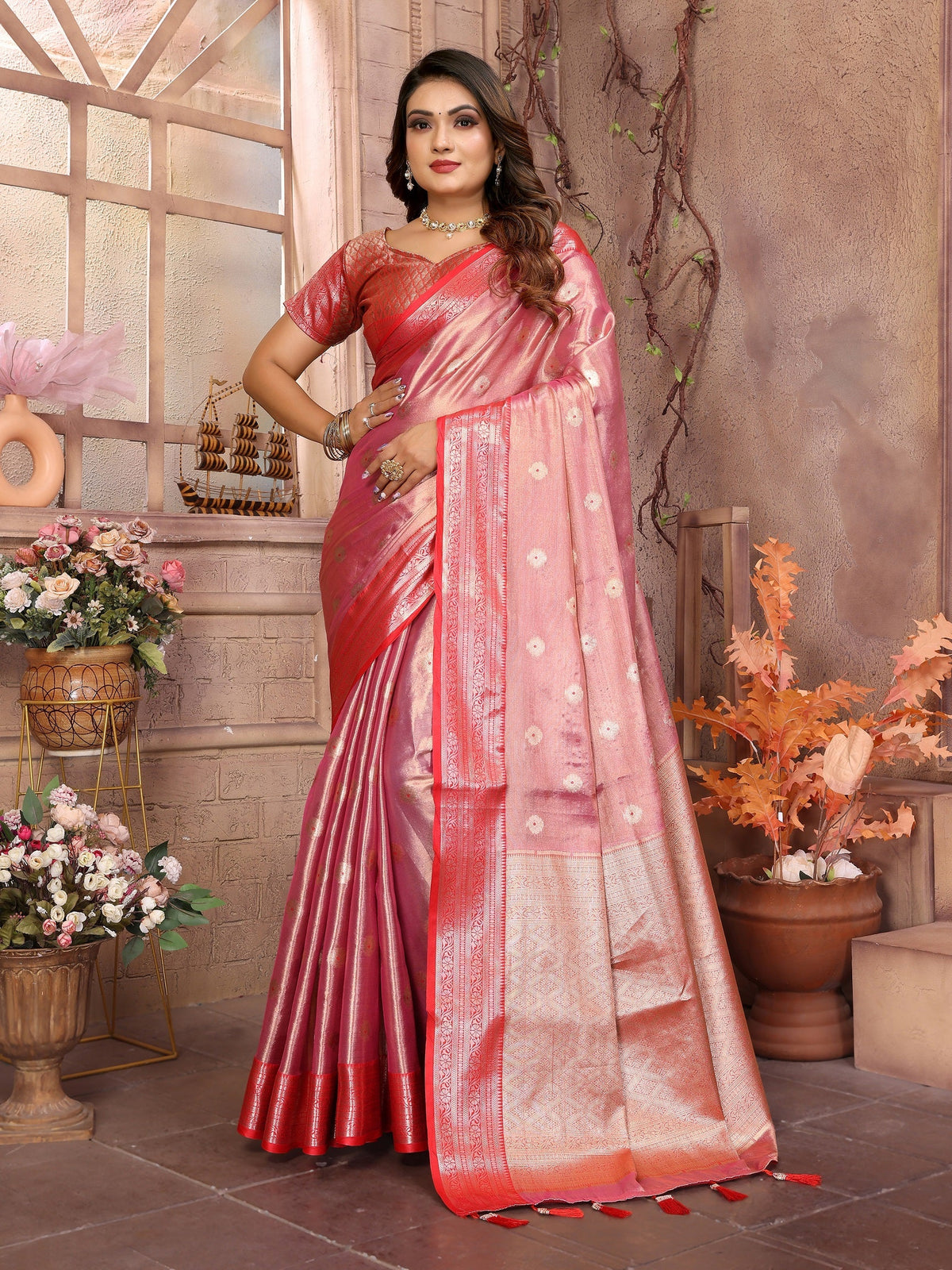 Vedant Vastram Tissue Silk Kanjeevaram Silk Saree - Pink | Grocsy
