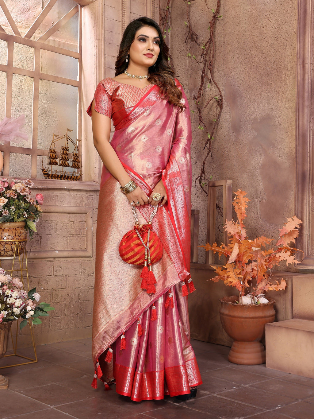 Vedant Vastram Tissue Silk Kanjeevaram Silk Saree - Pink | Grocsy