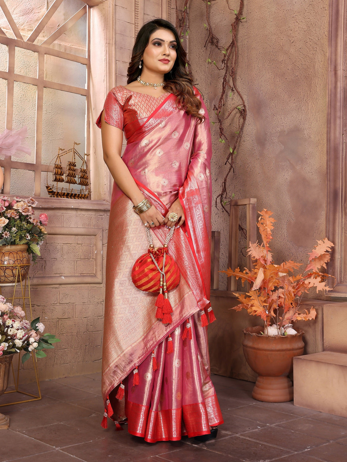 Vedant Vastram Tissue Silk Kanjeevaram Silk Saree - Pink | Grocsy