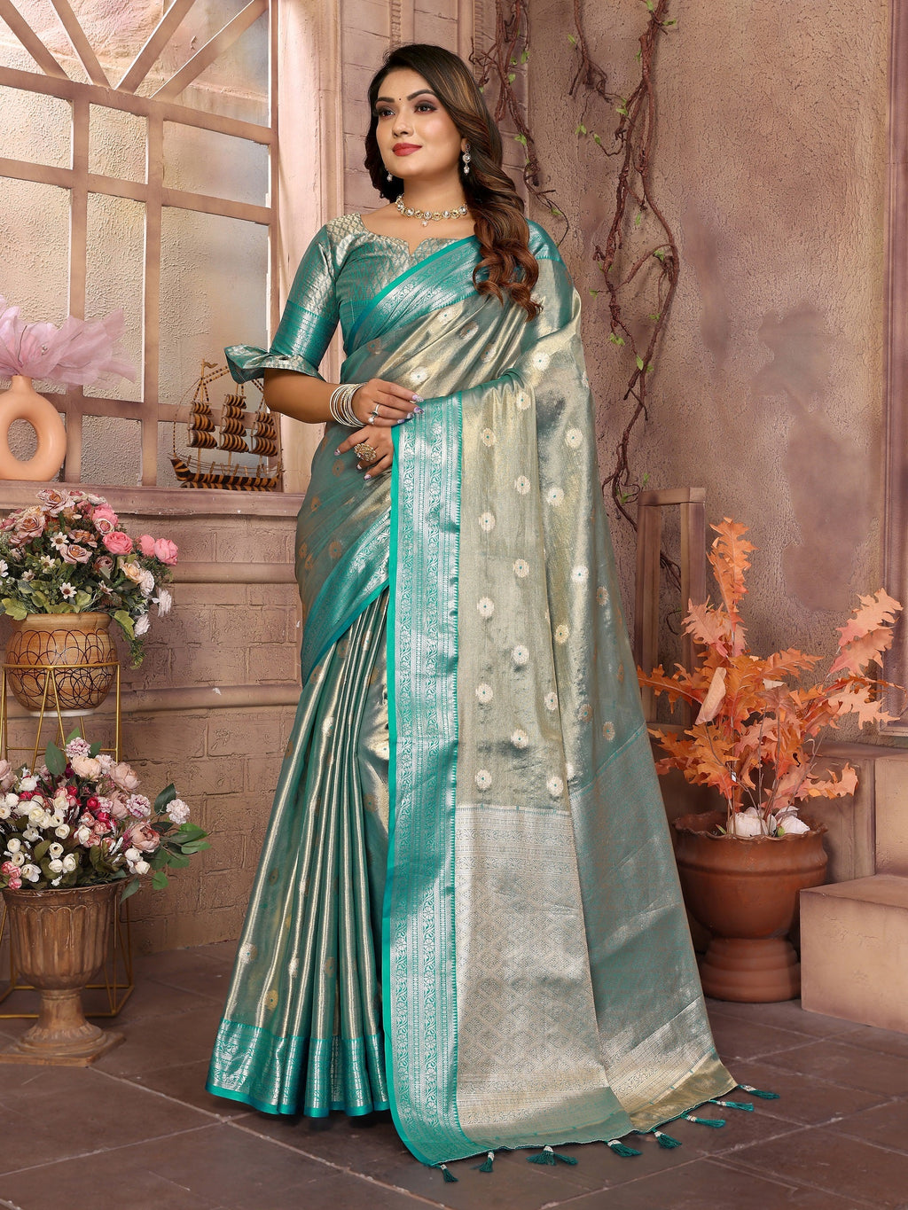 Vedant Vastram Tissue Silk Kanjeevaram Silk Saree - Rama | Grocsy