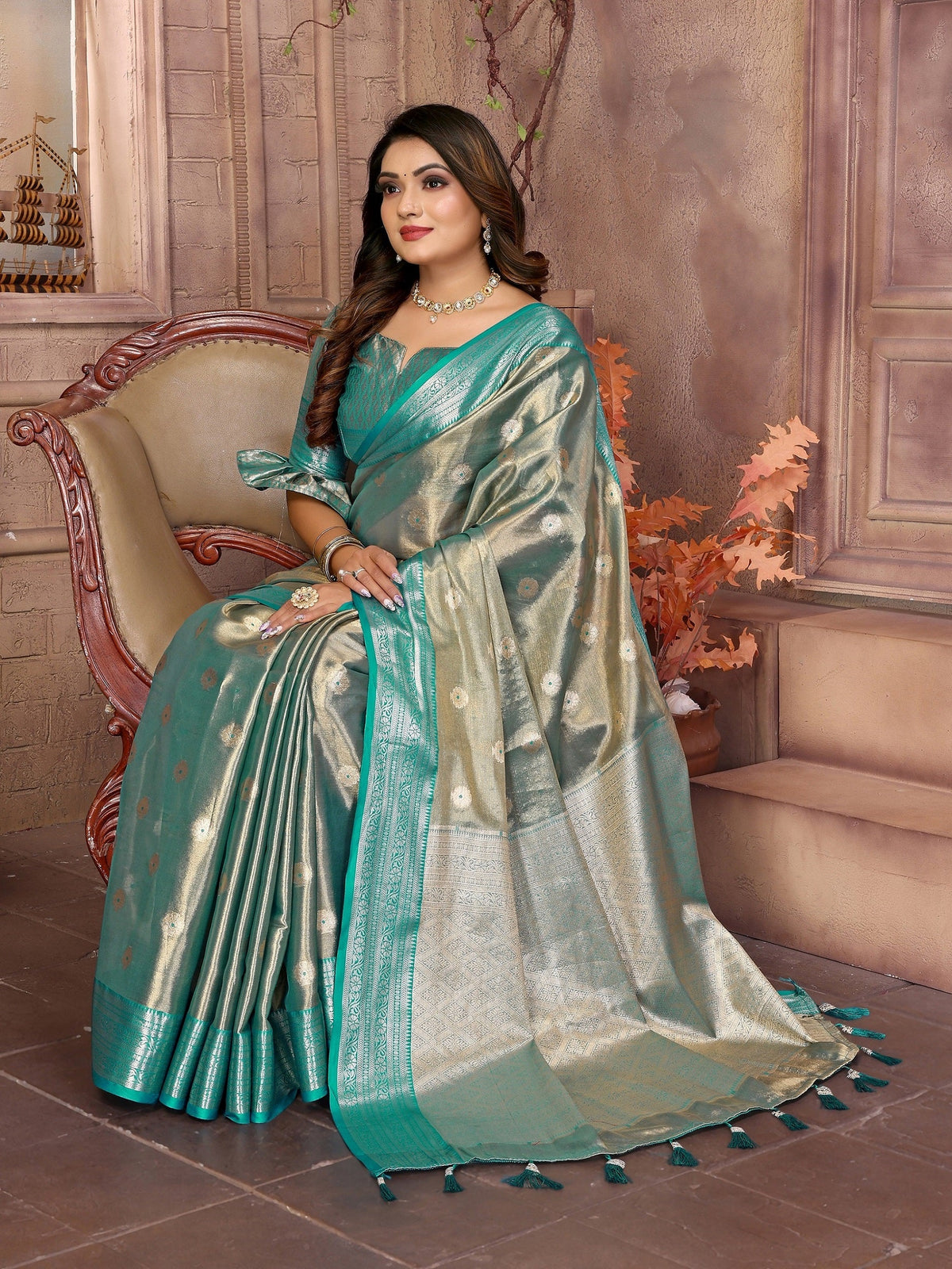 Vedant Vastram Tissue Silk Kanjeevaram Silk Saree - Rama | Grocsy