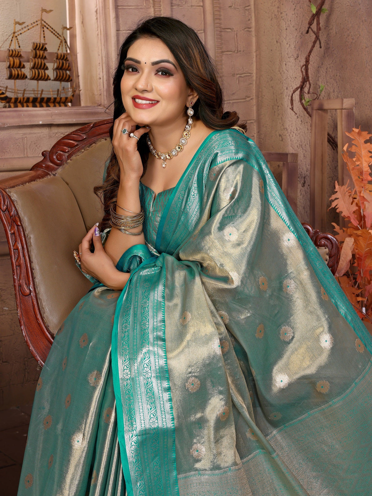 Vedant Vastram Tissue Silk Kanjeevaram Silk Saree - Rama | Grocsy