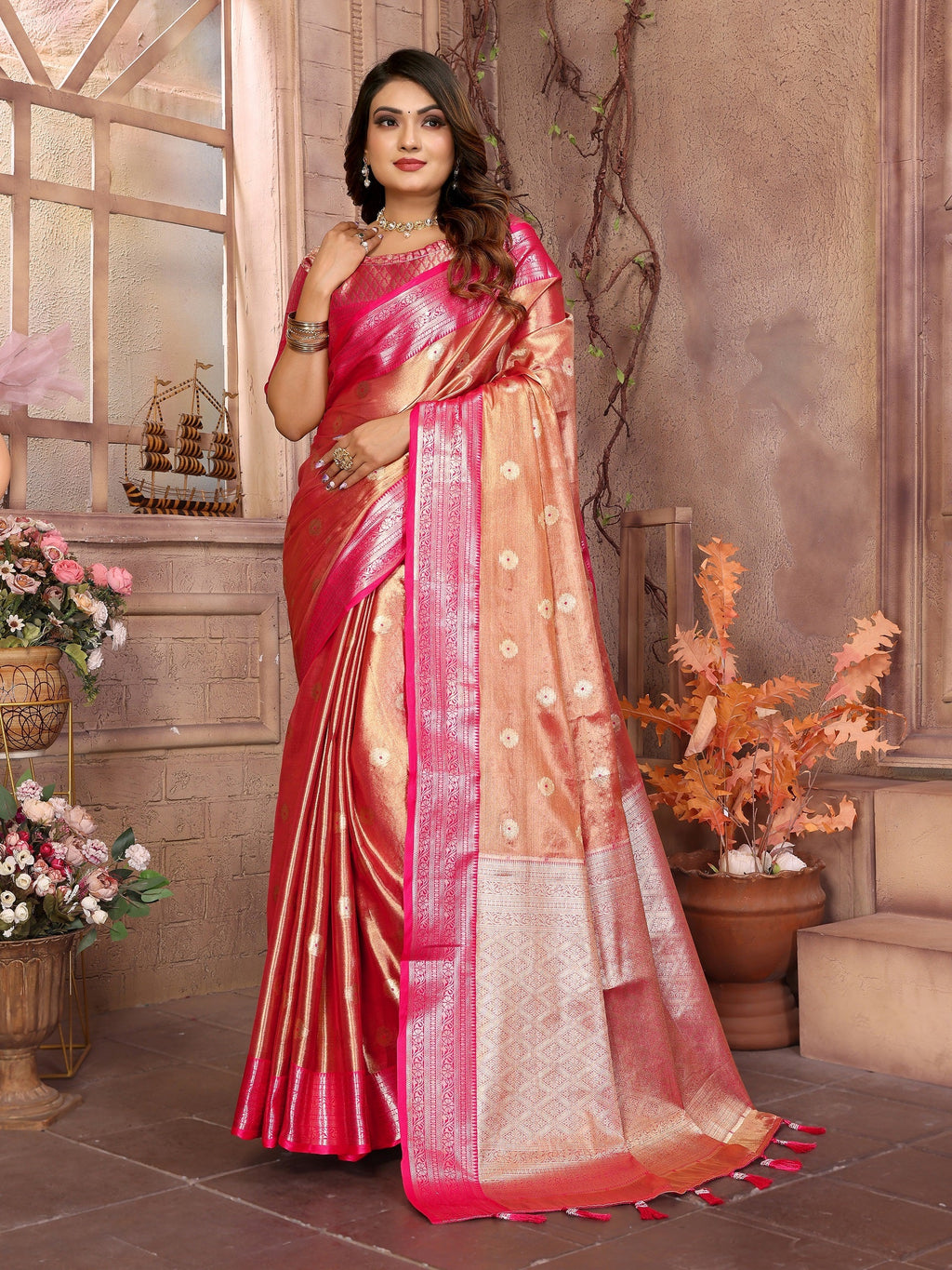 Vedant Vastram Tissue Silk Kanjeevaram Silk Saree - Rani | Grocsy