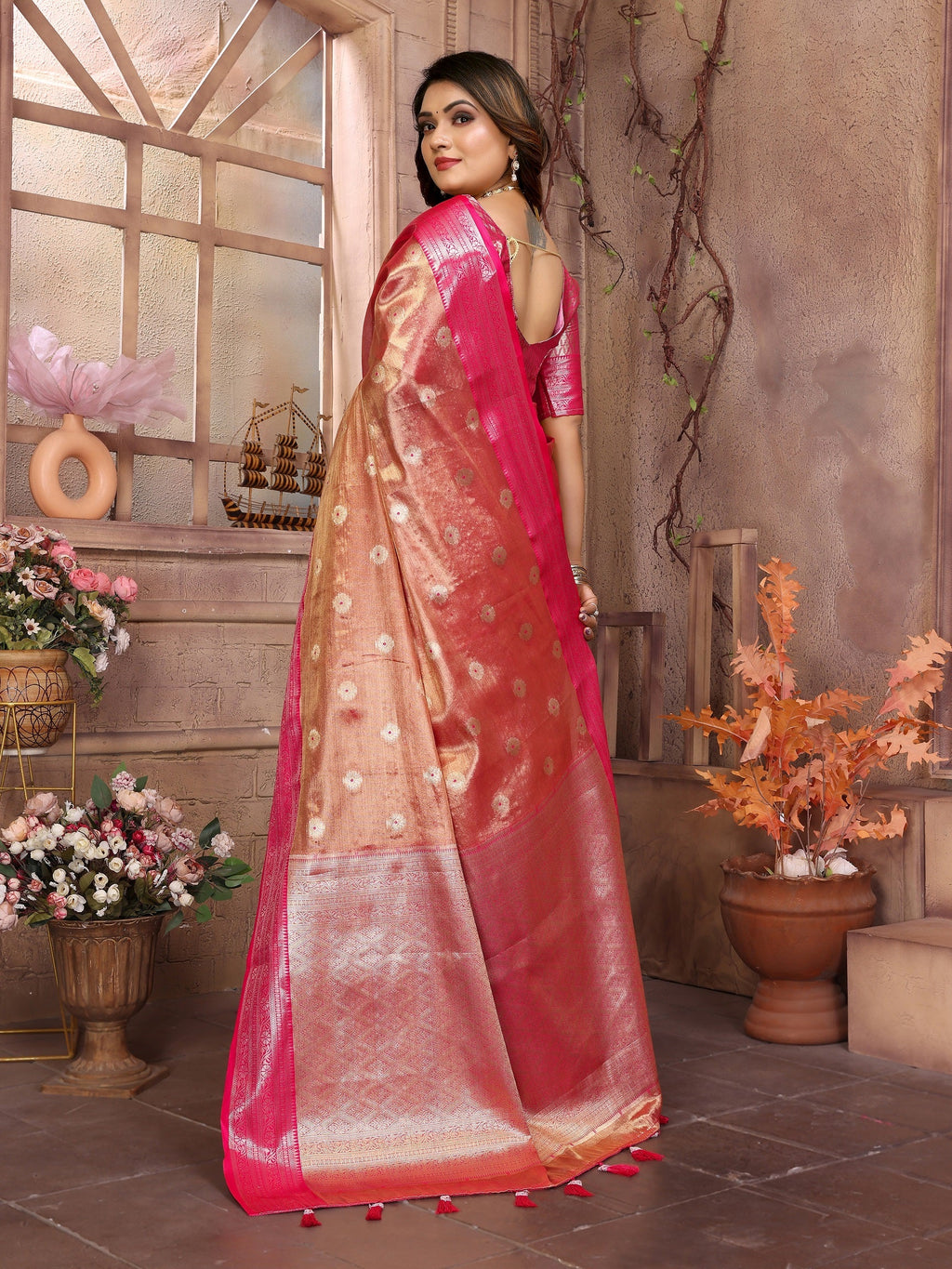Vedant Vastram Tissue Silk Kanjeevaram Silk Saree - Rani | Grocsy