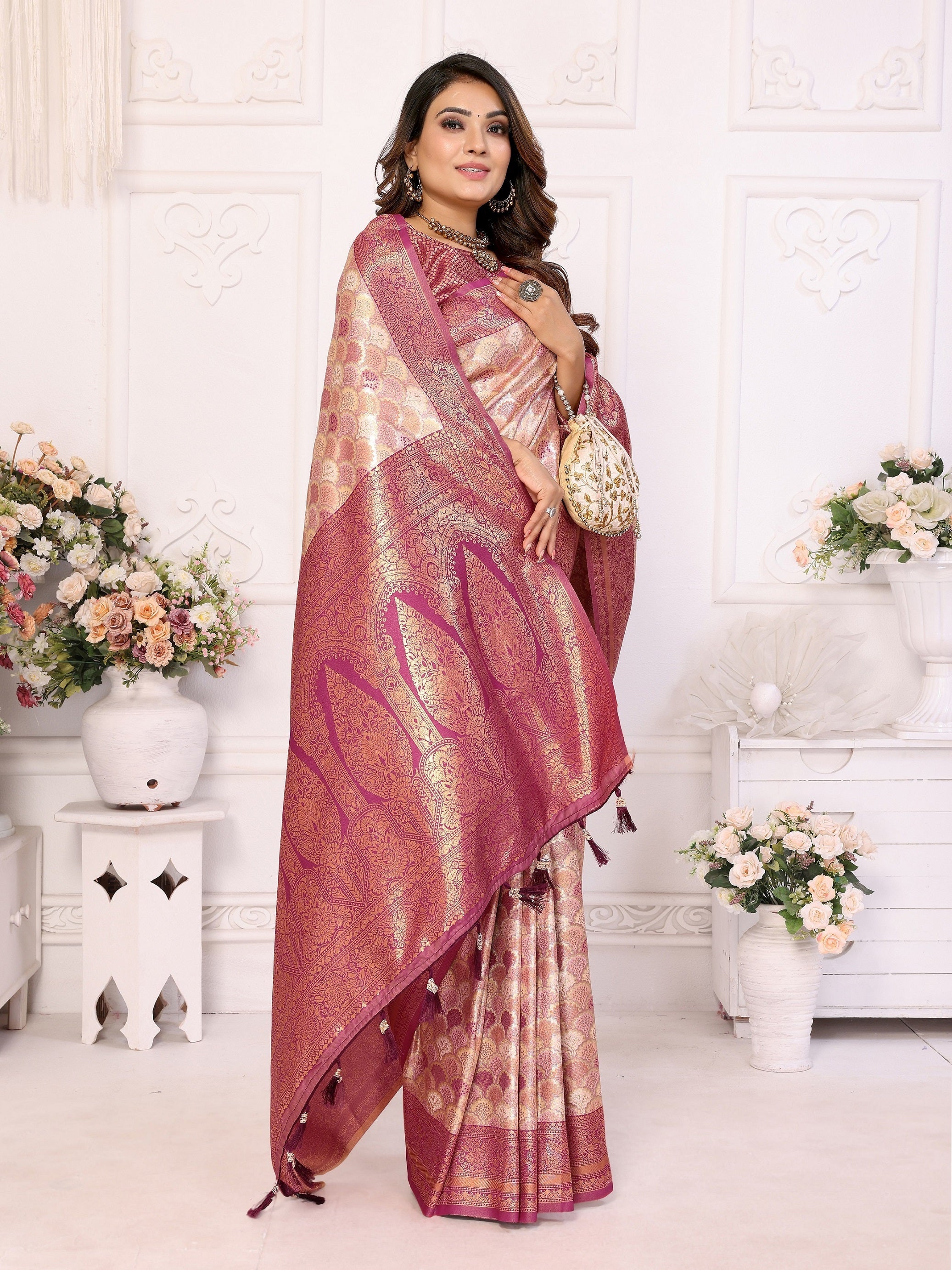 Vedant Vastram Soft Litchi Silk Kanjeevaram Silk Saree - Beige | Grocsy