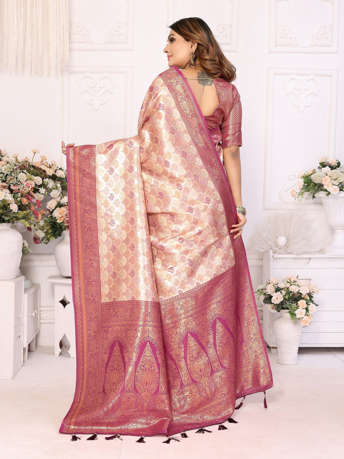 Vedant Vastram Soft Litchi Silk Kanjeevaram Silk Saree - Beige | Grocsy