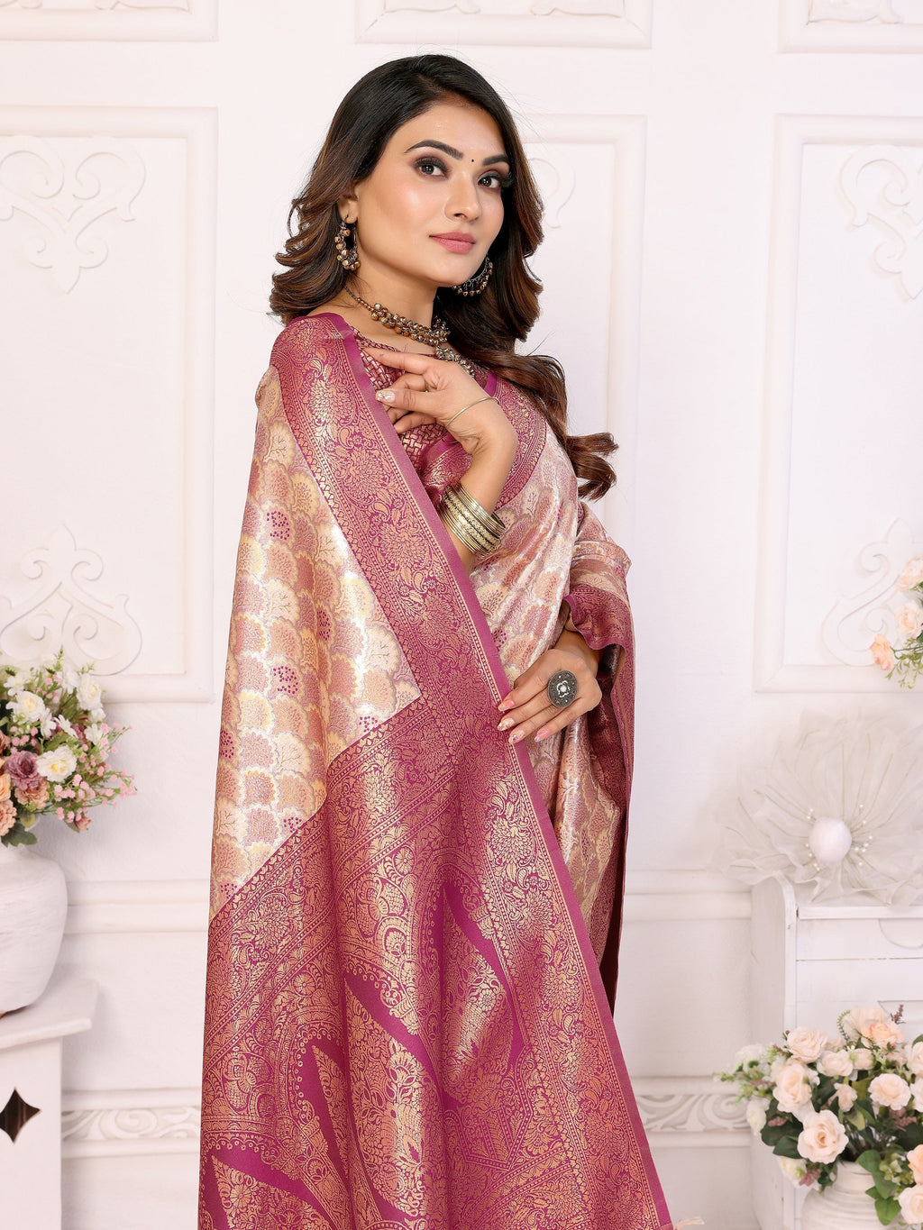 Vedant Vastram Soft Litchi Silk Kanjeevaram Silk Saree - Beige | Grocsy