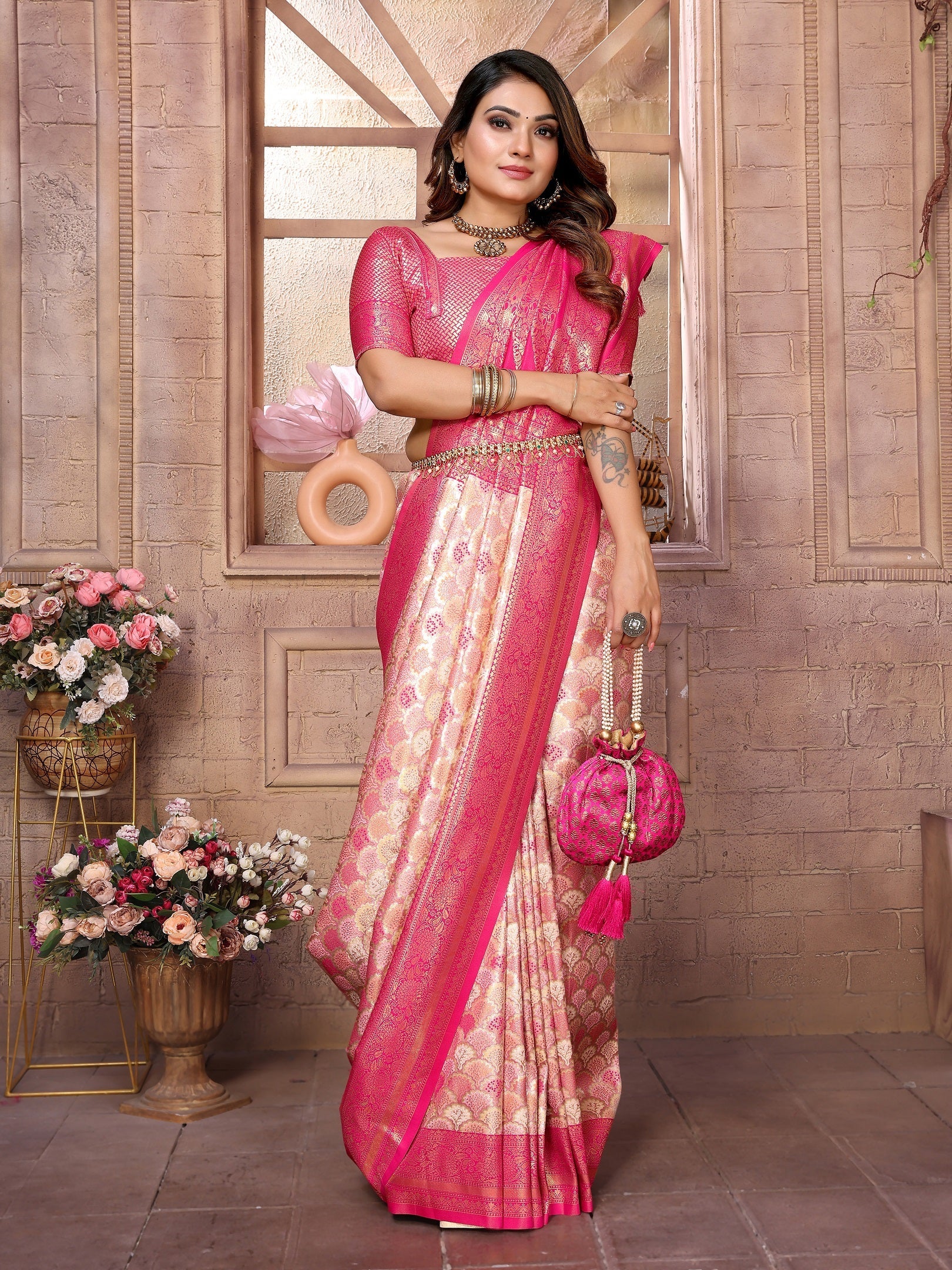 Vedant Vastram Soft Litchi Silk Kanjeevaram Silk Saree - Cream | Grocsy
