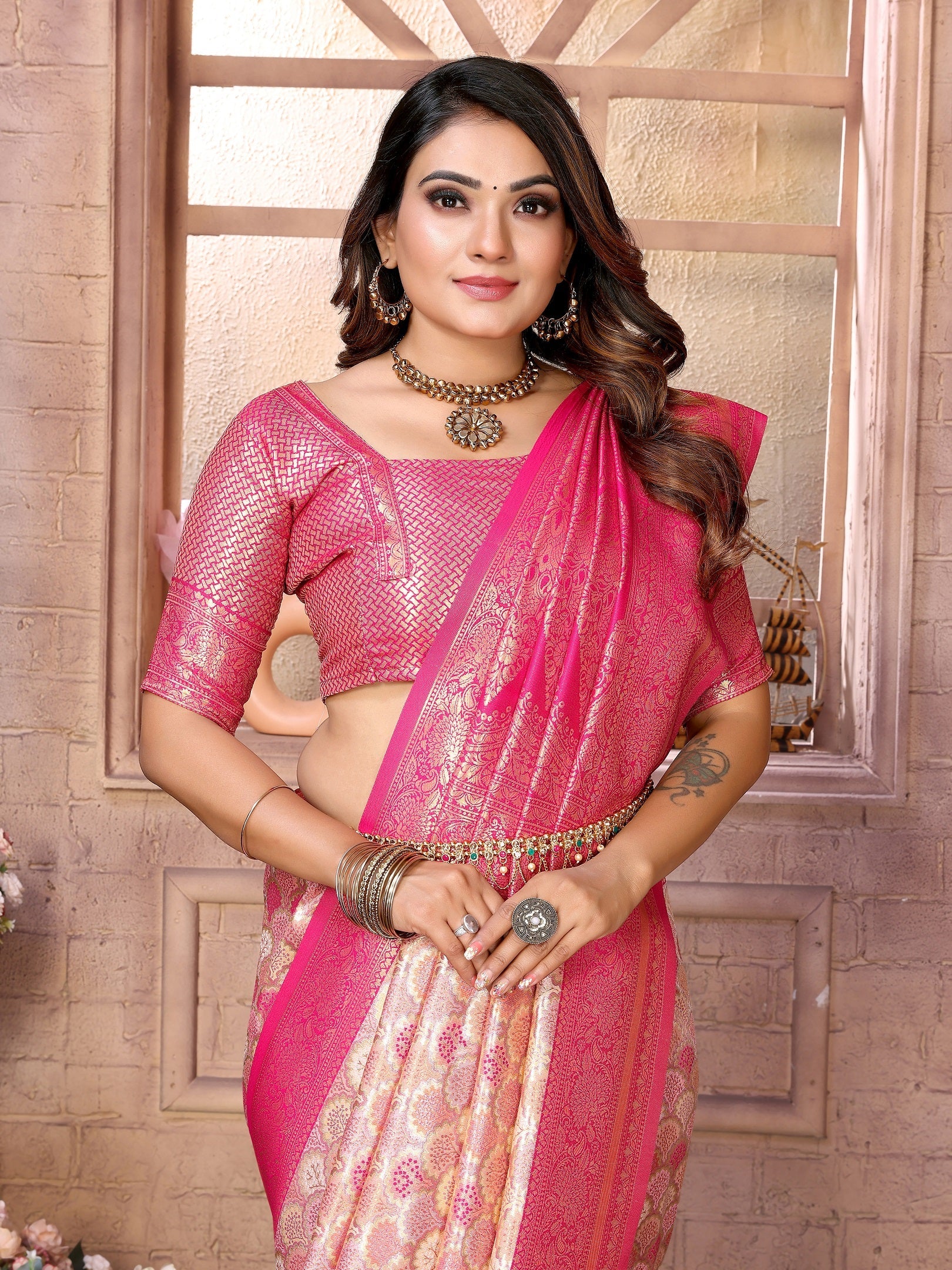 Vedant Vastram Soft Litchi Silk Kanjeevaram Silk Saree - Cream | Grocsy