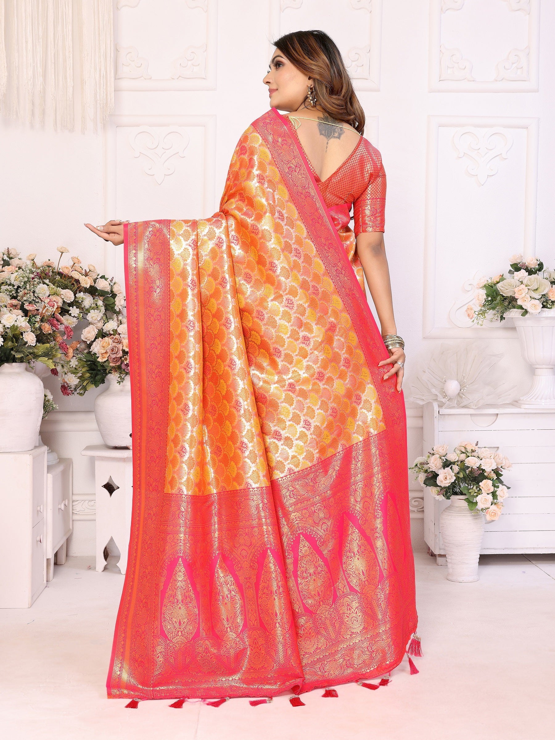 Vedant Vastram Soft Litchi Silk Kanjeevaram Silk Saree - Mustard | Grocsy