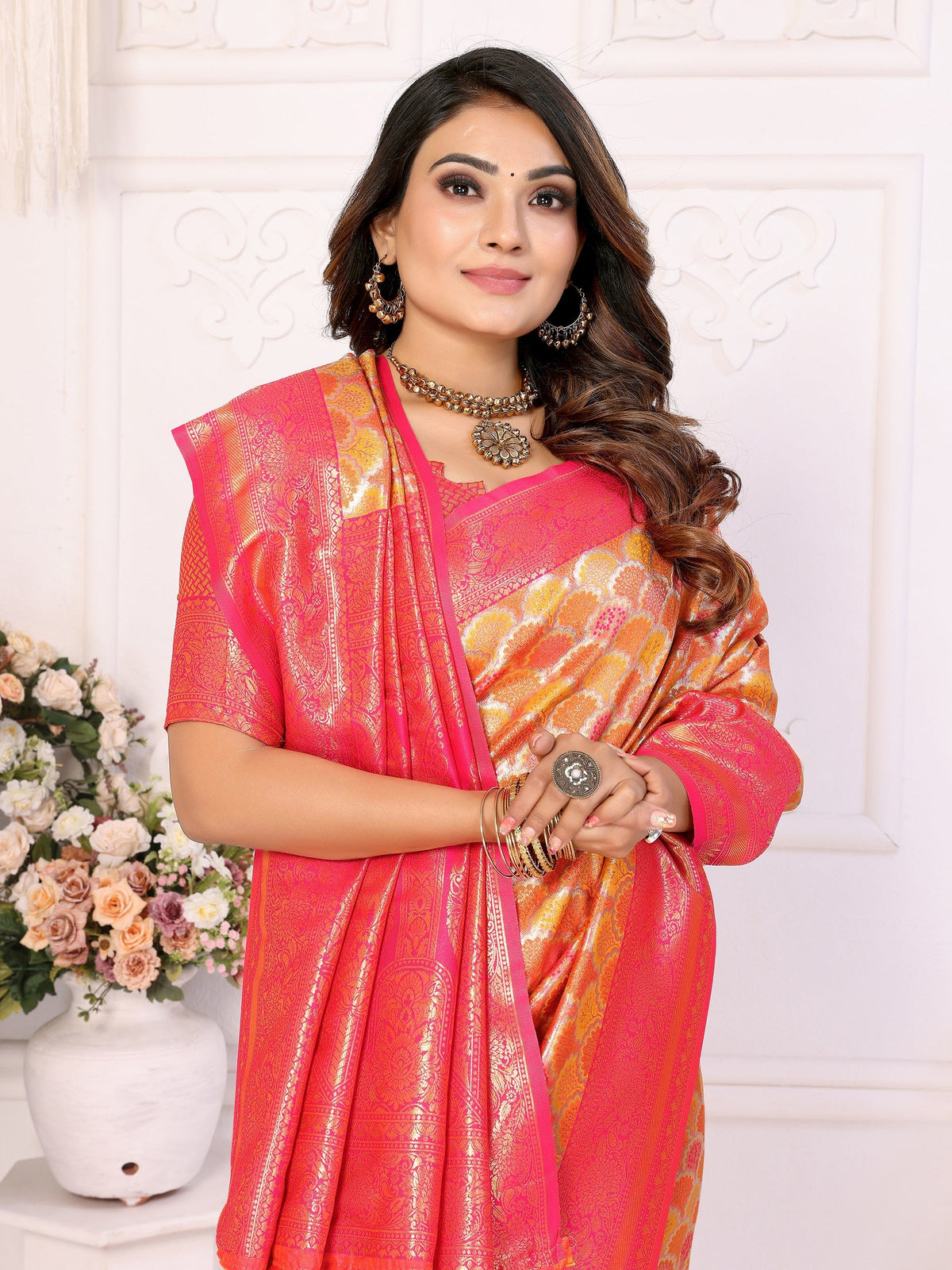Vedant Vastram Soft Litchi Silk Kanjeevaram Silk Saree - Mustard | Grocsy