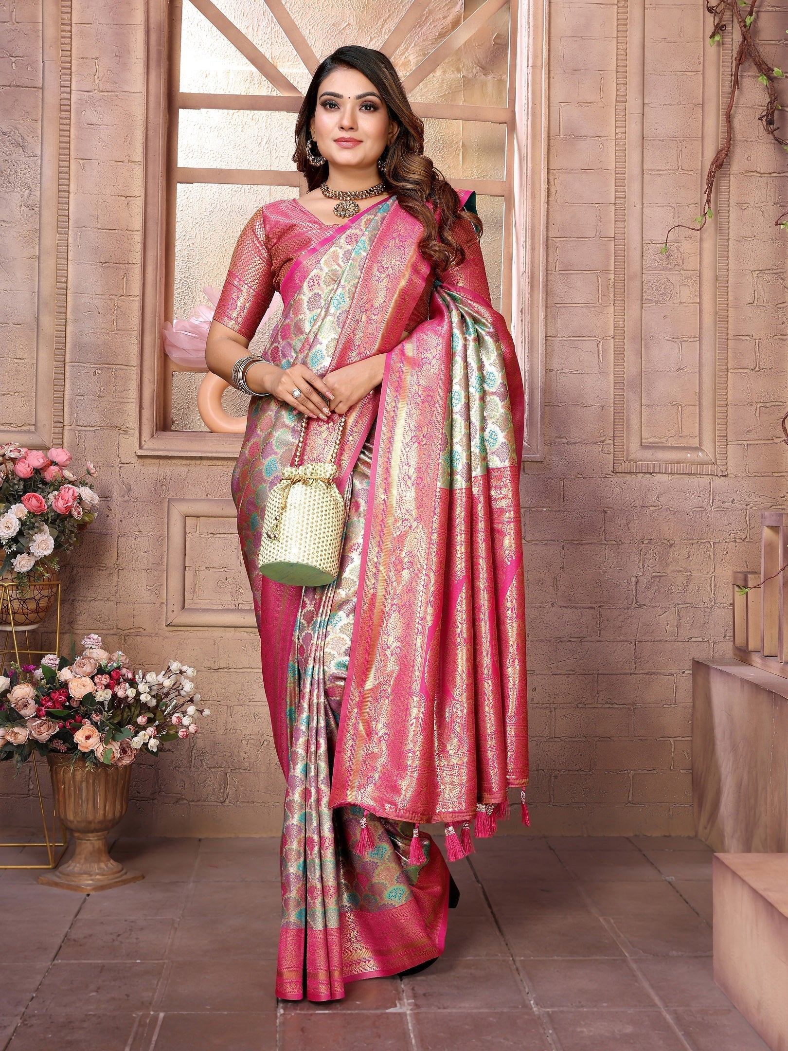 Vedant Vastram Soft Litchi Silk Kanjeevaram Silk Saree - Parrot | Grocsy