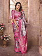 Vedant Vastram Soft Litchi Silk Kanjeevaram Silk Saree - Pink | Grocsy