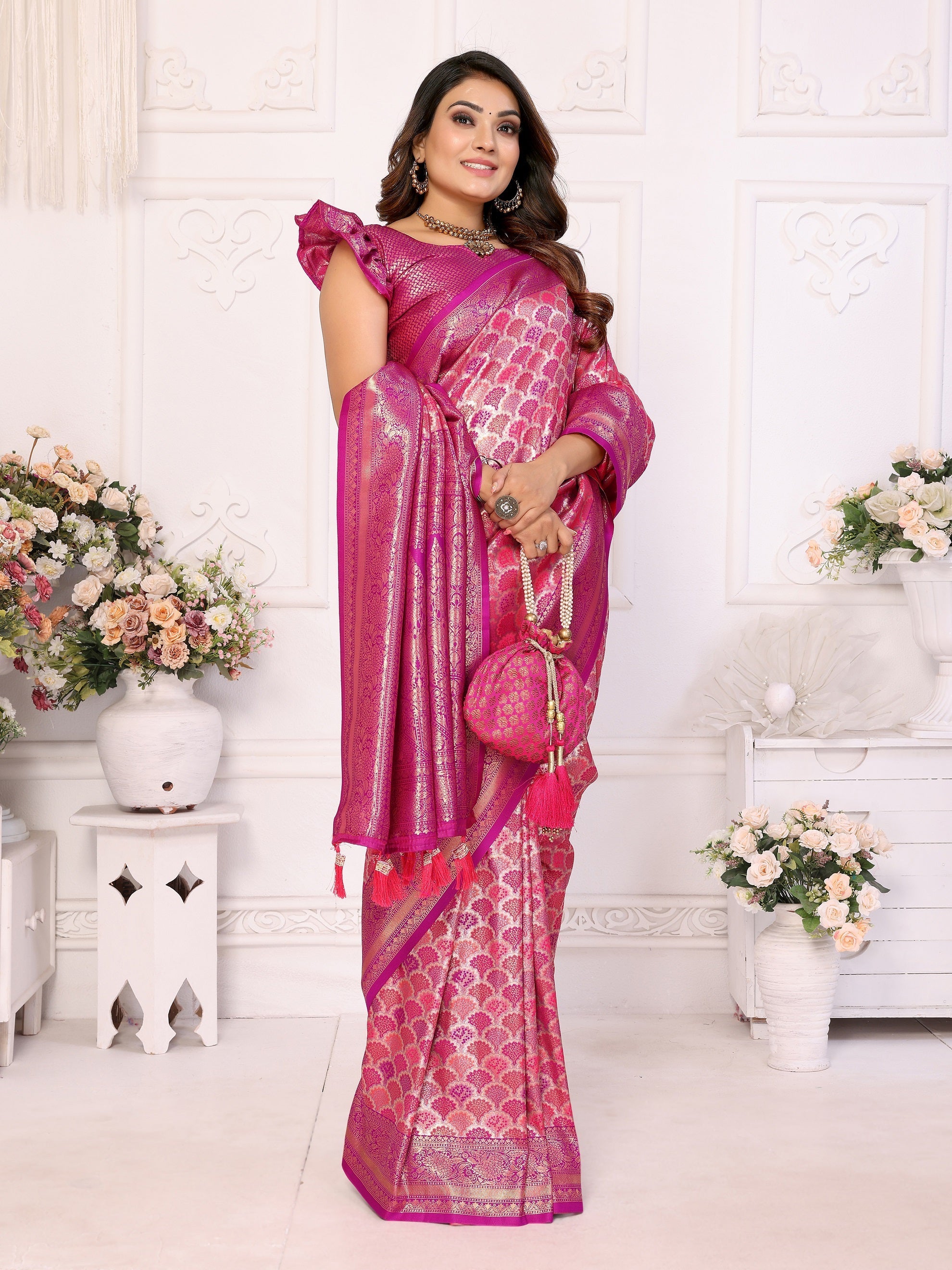 Vedant Vastram Soft Litchi Silk Kanjeevaram Silk Saree - Rani | Grocsy