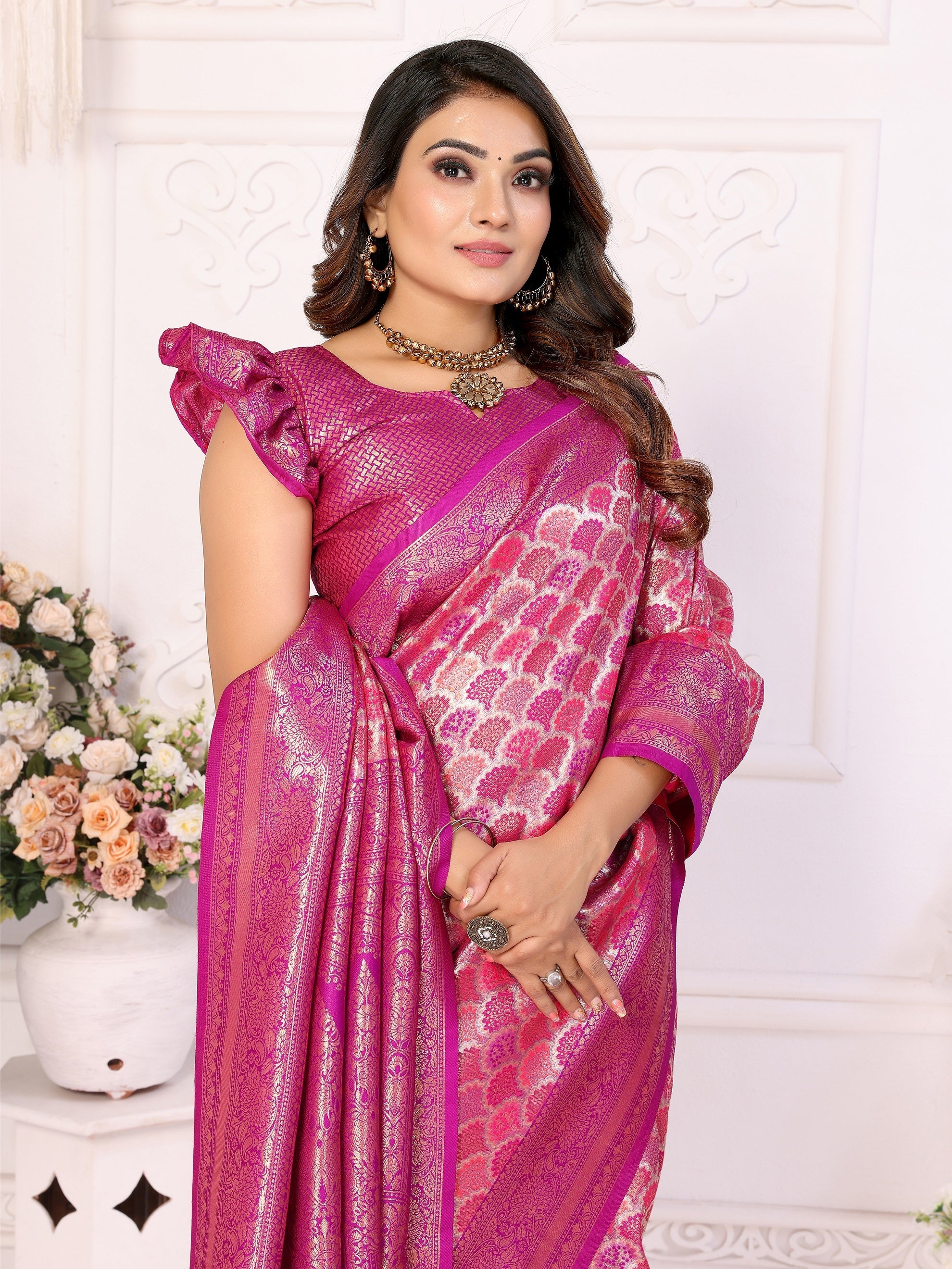 Vedant Vastram Soft Litchi Silk Kanjeevaram Silk Saree - Rani | Grocsy