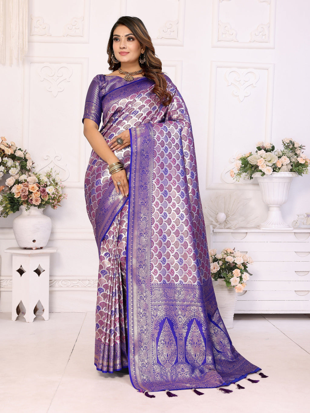 Vedant Vastram Soft Litchi Silk Kanjeevaram Silk Saree - Royal Blue | Grocsy
