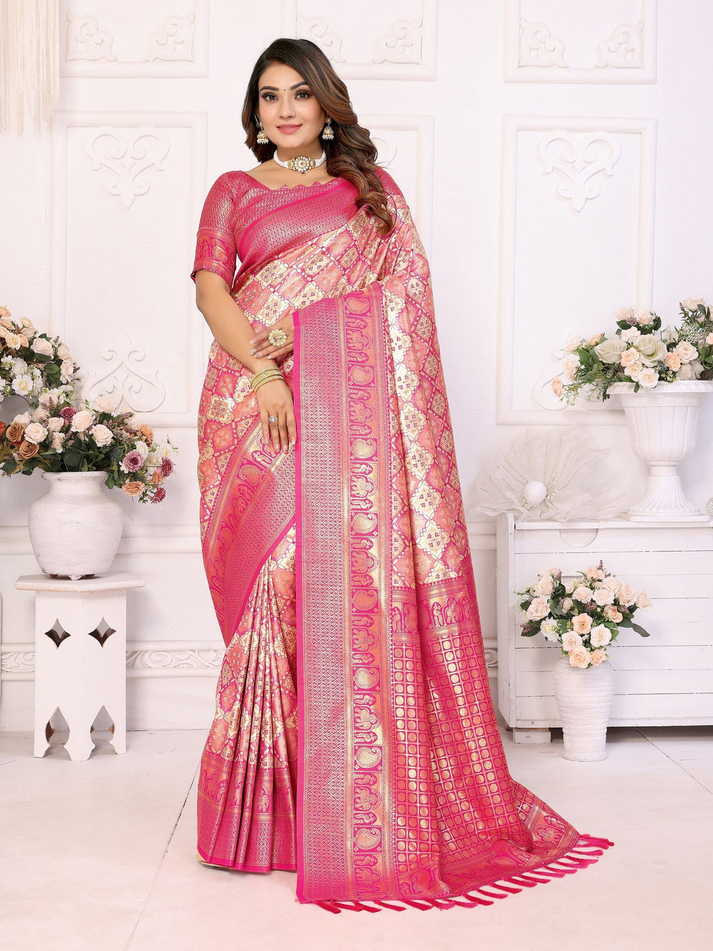Vedant Vastram Soft Litchi Silk Kanjeevaram Silk Saree - Beige | Grocsy