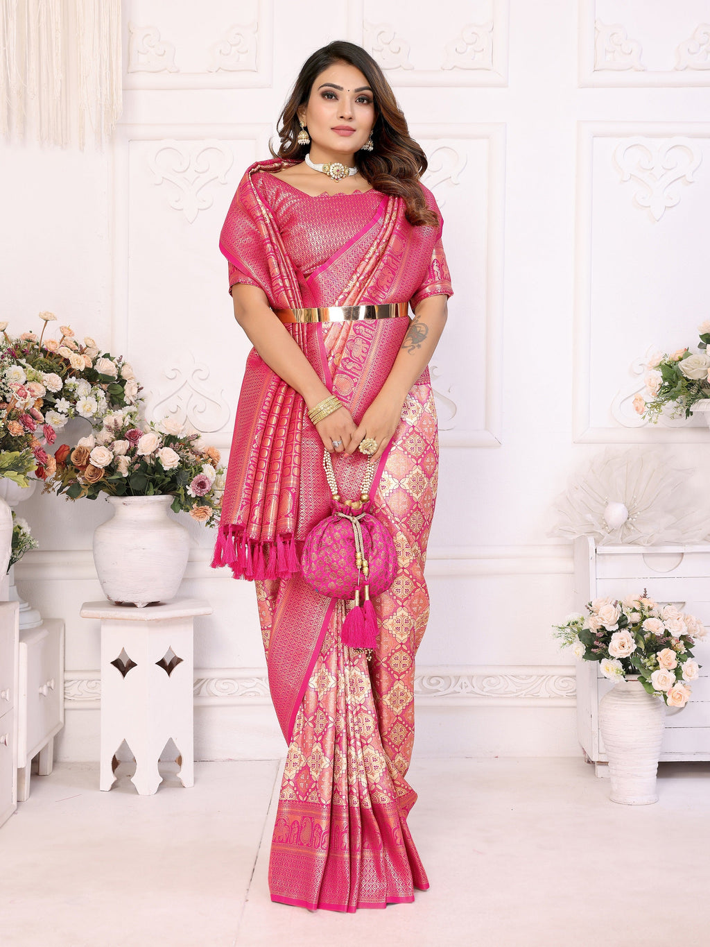 Vedant Vastram Soft Litchi Silk Kanjeevaram Silk Saree - Beige | Grocsy