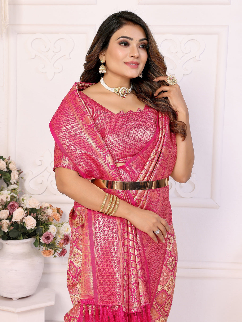 Vedant Vastram Soft Litchi Silk Kanjeevaram Silk Saree - Beige | Grocsy
