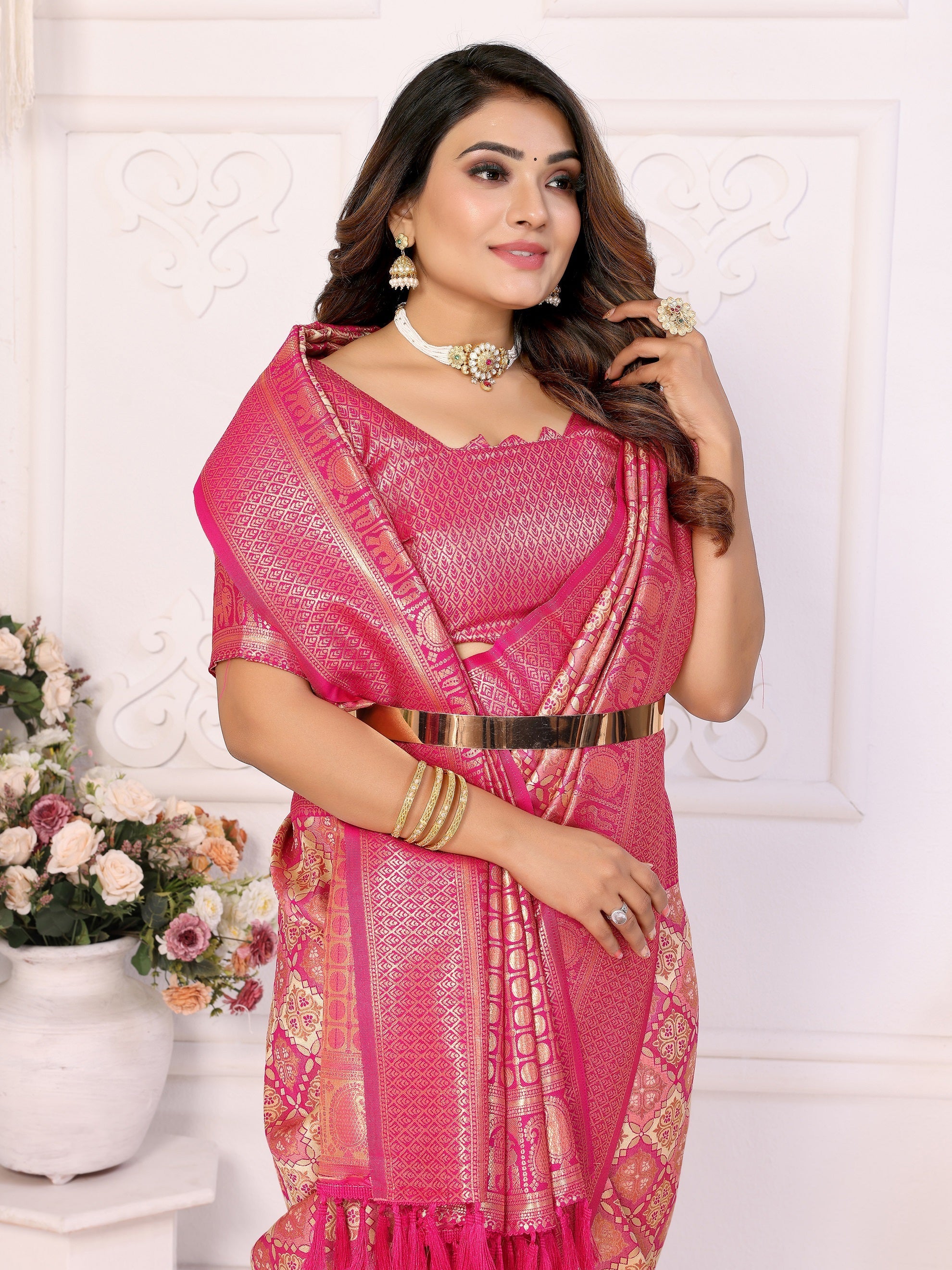 Vedant Vastram Soft Litchi Silk Kanjeevaram Silk Saree - Beige | Grocsy